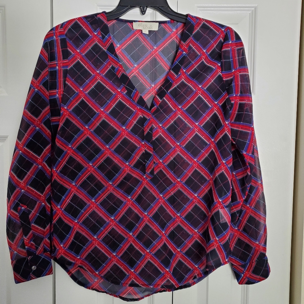 Olive & Oak Sheer plaid long sleeve top